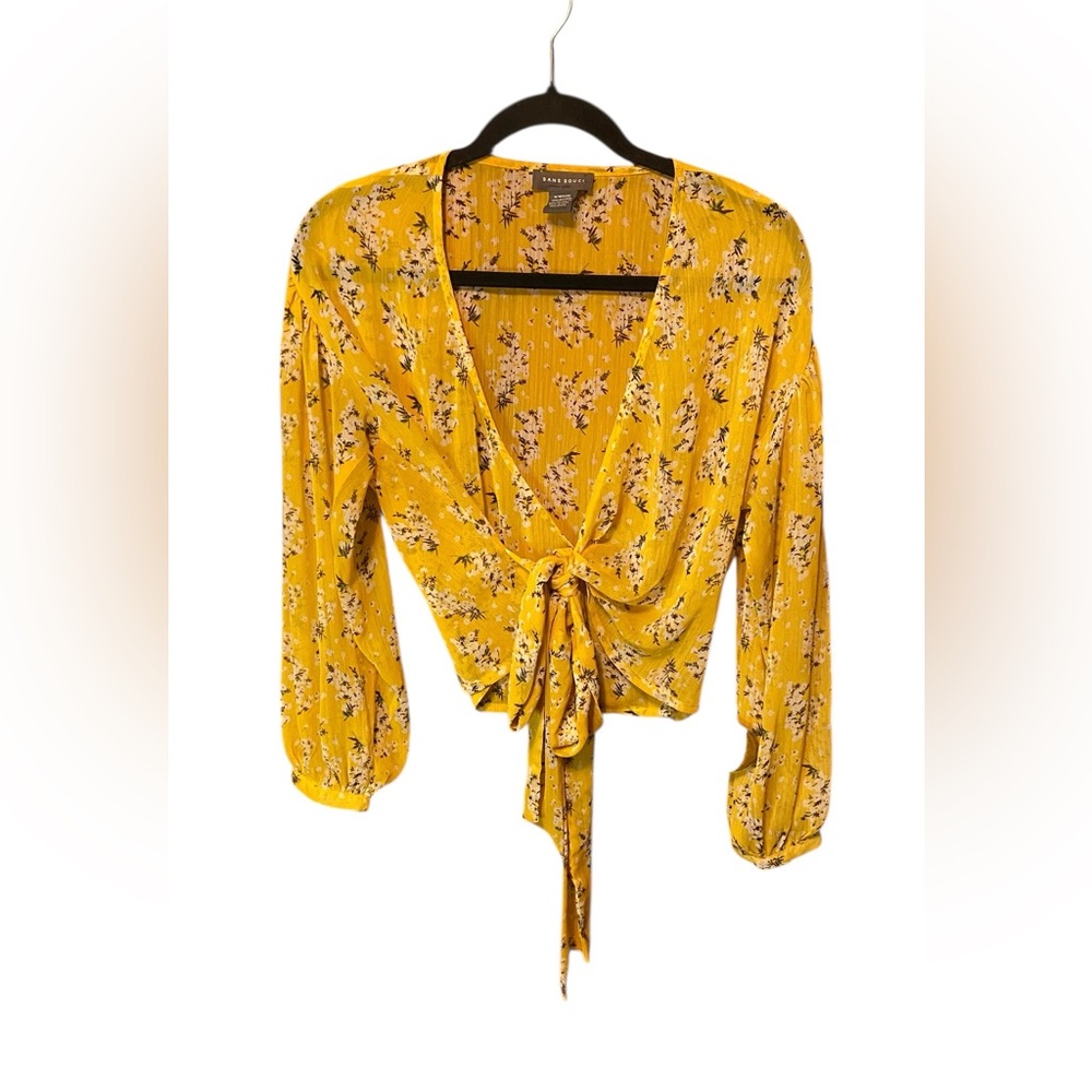 Sans Souci Yellow Floral Tie Front Blouse Medium Cropped Boho
